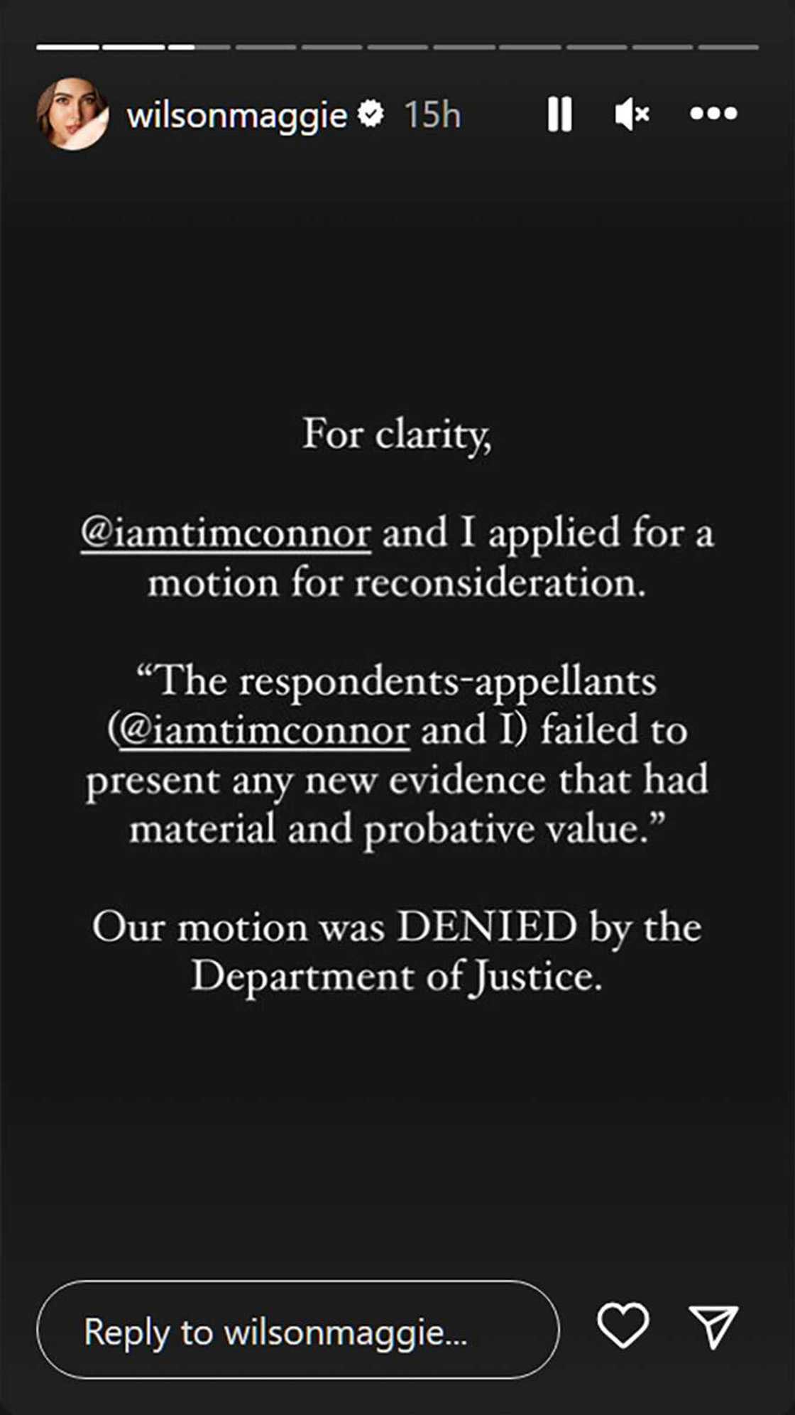 Maggie Wilson, shinare sa socmed pagbasura ng DOJ sa “Motion for Reconsideration” nila ni Tim Connor Maggie Wilson, shinare sa socmed pagbasura ng DOJ sa “Motion for Reconsideration” nila ni Tim Connor