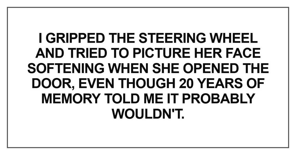 I gripped the steering wheel and tried to picture her face softening when she opened the door I gripped the steering wheel and tried to picture her face softening when she opened the door