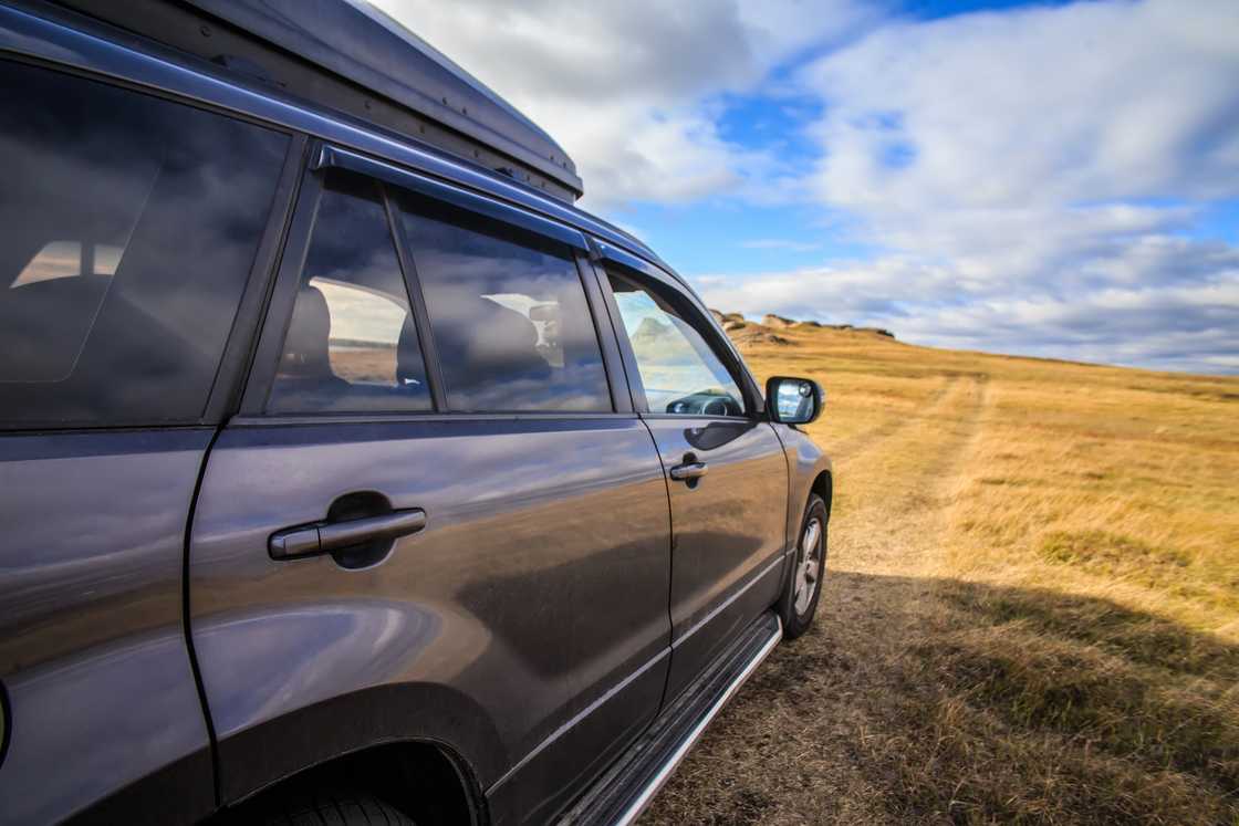 A black SUV drives off into the grassy plains.