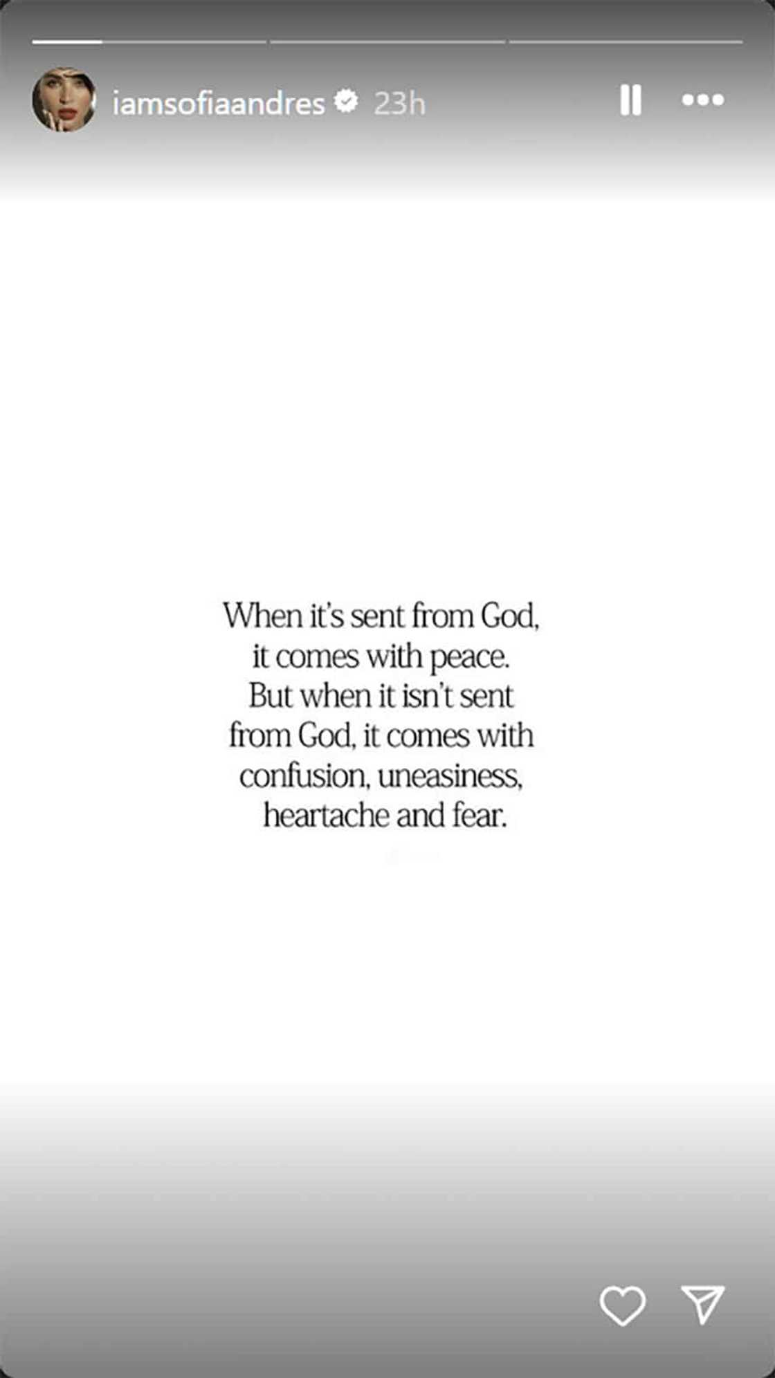 Sofia Andres, nag-post ng isang reminder: “When it's sent from God, it comes with peace.” Sofia Andres, nag-post ng isang reminder: “When it's sent from God, it comes with peace.”