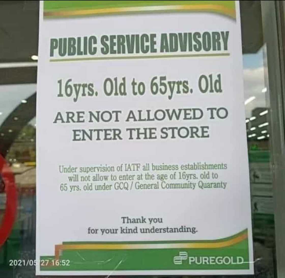 Puregold, napalitan na ang viral poster na nagsasabing bawal pumasok ang "16-65 anyos" Puregold, napalitan na ang viral poster na nagsasabing bawal pumasok ang "16-65 anyos"