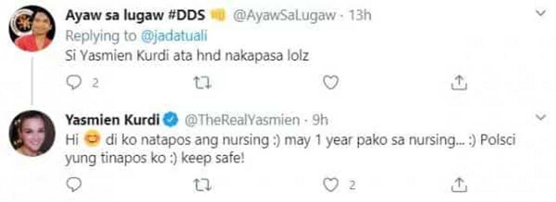 Yasmien Kurdi hits back at netizen who said she didn't pass the nursing board exams Yasmien Kurdi hits back at netizen who said she didn't pass the nursing board exams