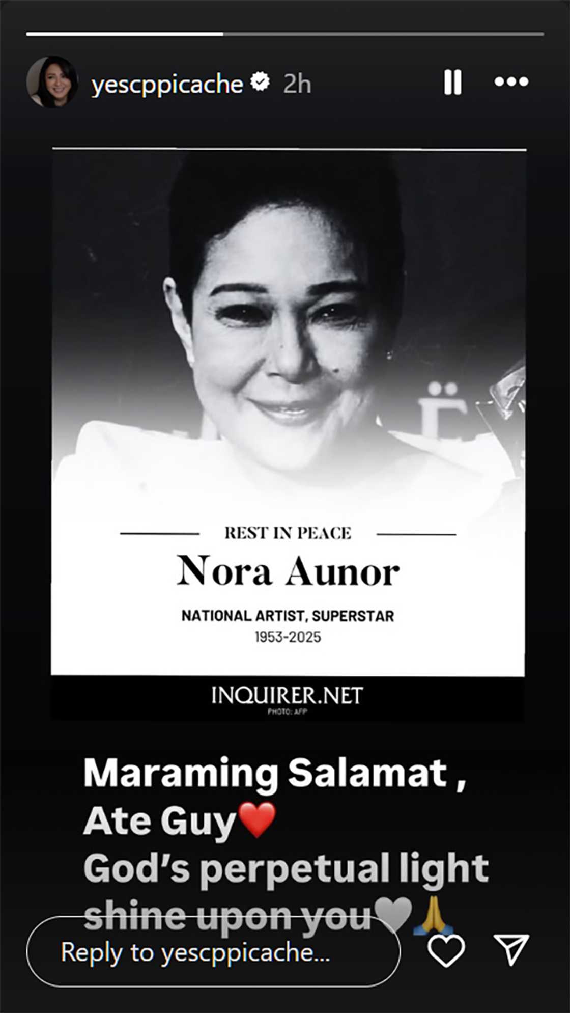 Cherry Pie Picache, nagpasalamat, nag-alay ng dasal sa yumaong si Nora Aunor: “Maraming salamat” Cherry Pie Picache, nagpasalamat, nag-alay ng dasal sa yumaong si Nora Aunor: “Maraming salamat”