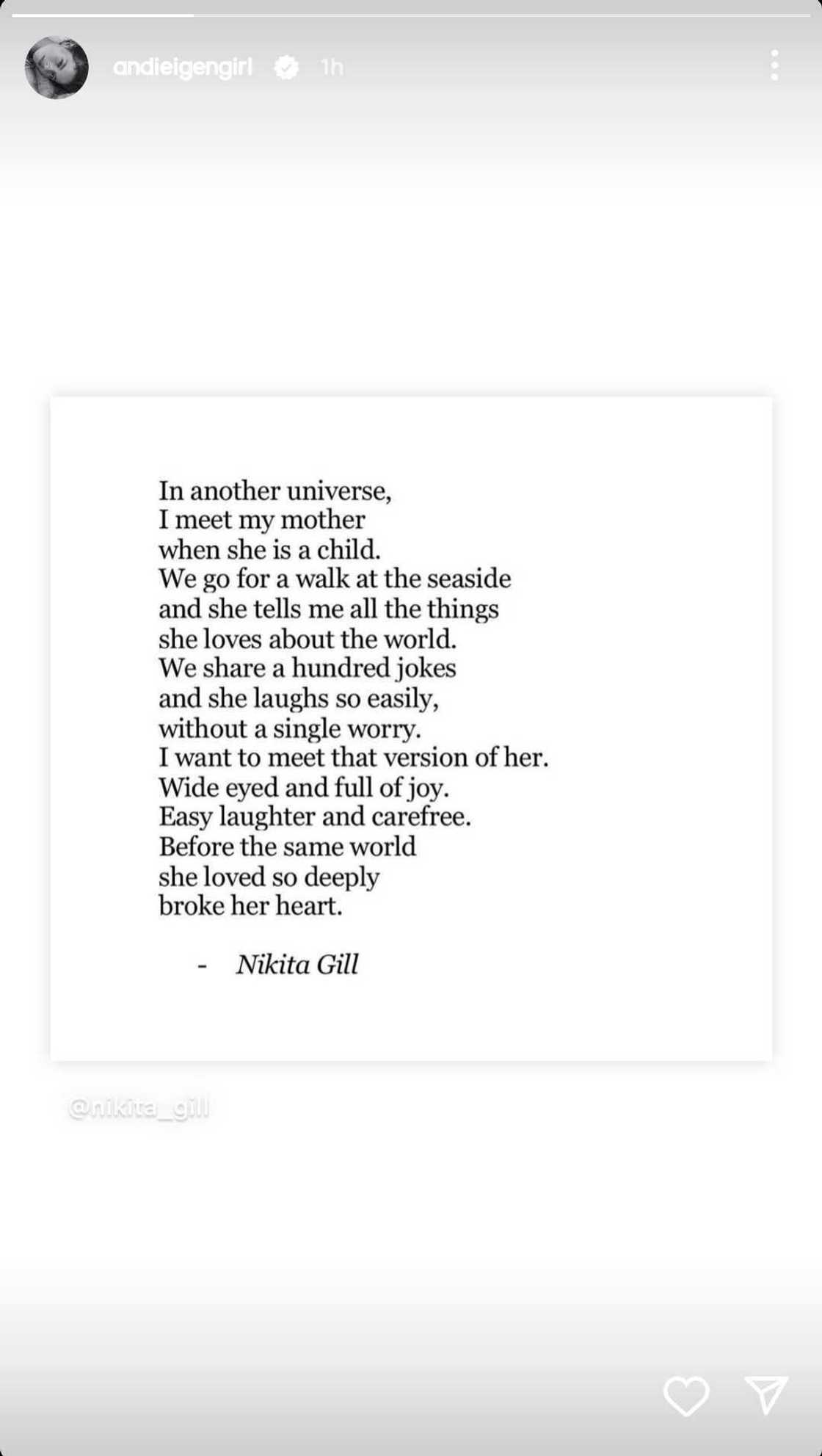Andi Eigenmann shares poem card: "In another universe, I meet my mother" Andi Eigenmann shares poem card: "In another universe, I meet my mother"
