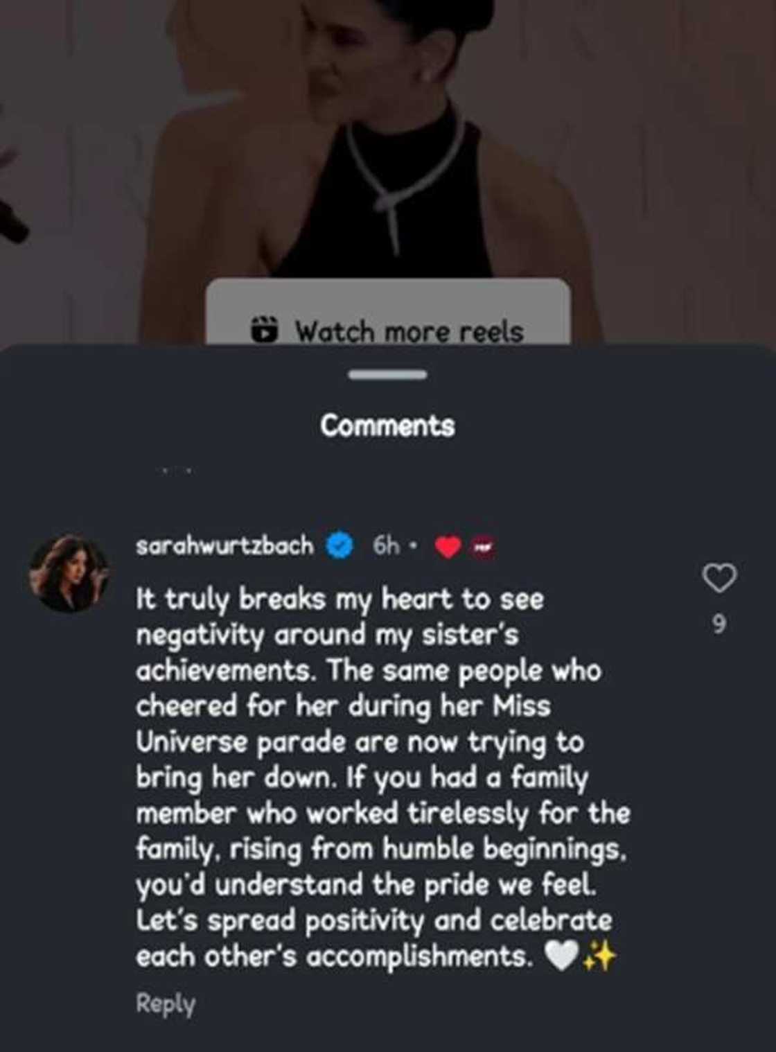 Sarah Wurtzbach addresses the negative comments on Pia Wurtzbach's achievements