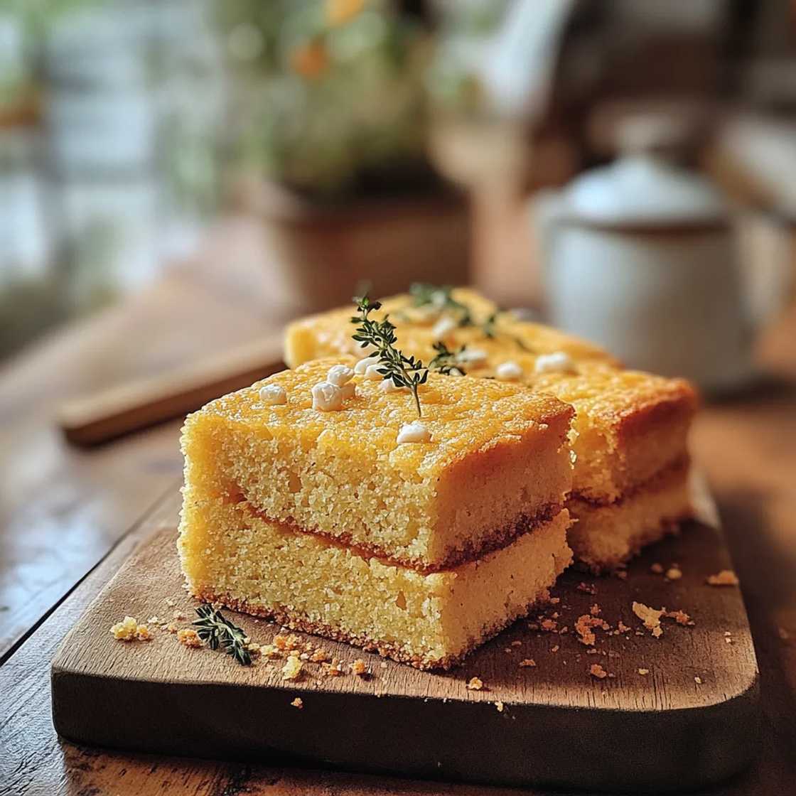 Pieces of cornbread on a wooden board Pieces of cornbread on a wooden board
