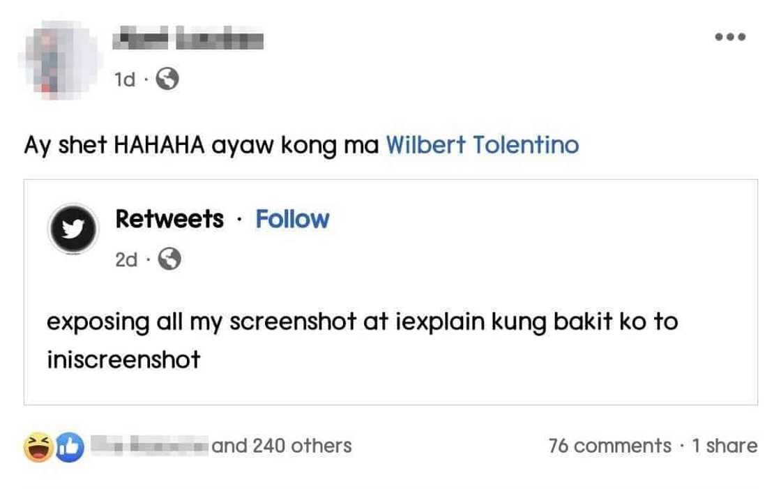 Wilbert Tolentino, nag-react sa 'screenshot' post ng netizen: "Tinag mo pa"