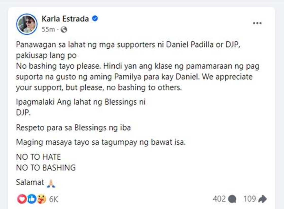 Karla Estrada, may panawagan sa fans ni Daniel Padilla: "Pakiusap lang po" Karla Estrada, may panawagan sa fans ni Daniel Padilla: "Pakiusap lang po"