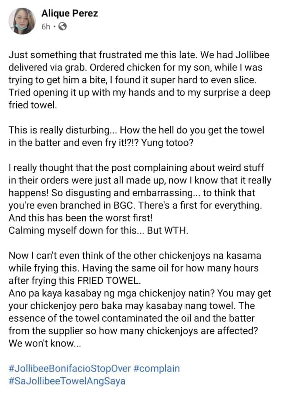 Customer claims that her fried chicken was replaced with fried towel Customer claims that her fried chicken was replaced with fried towel