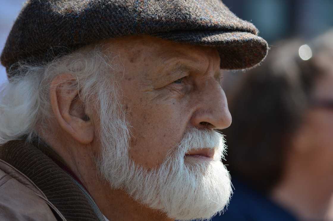 Close-up side profile of an elderly man with a white beard wearing a flat cap.