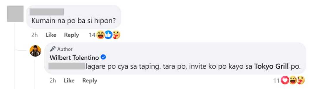 Wilbert Tolentino, nag-reply sa “kumain na po ba si hipon” comment: “lagare po siya sa taping”