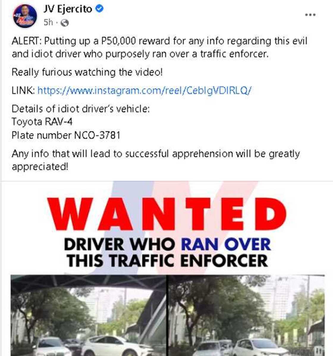 JV Ejercito puts up P50K reward for info on driver who ran over security guard in Mandaluyong