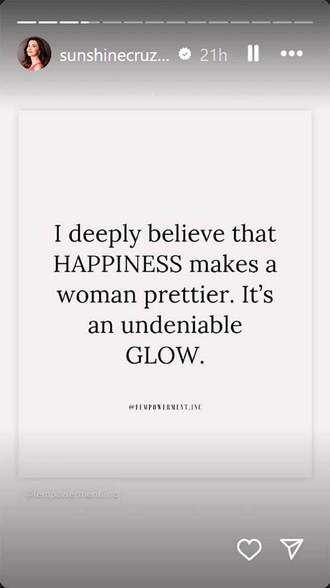 Sunshine Cruz, nirepost quote ukol sa bagay na nakapagpapaganda: “Happiness makes a woman prettier” Sunshine Cruz, nirepost quote ukol sa bagay na nakapagpapaganda: “Happiness makes a woman prettier”