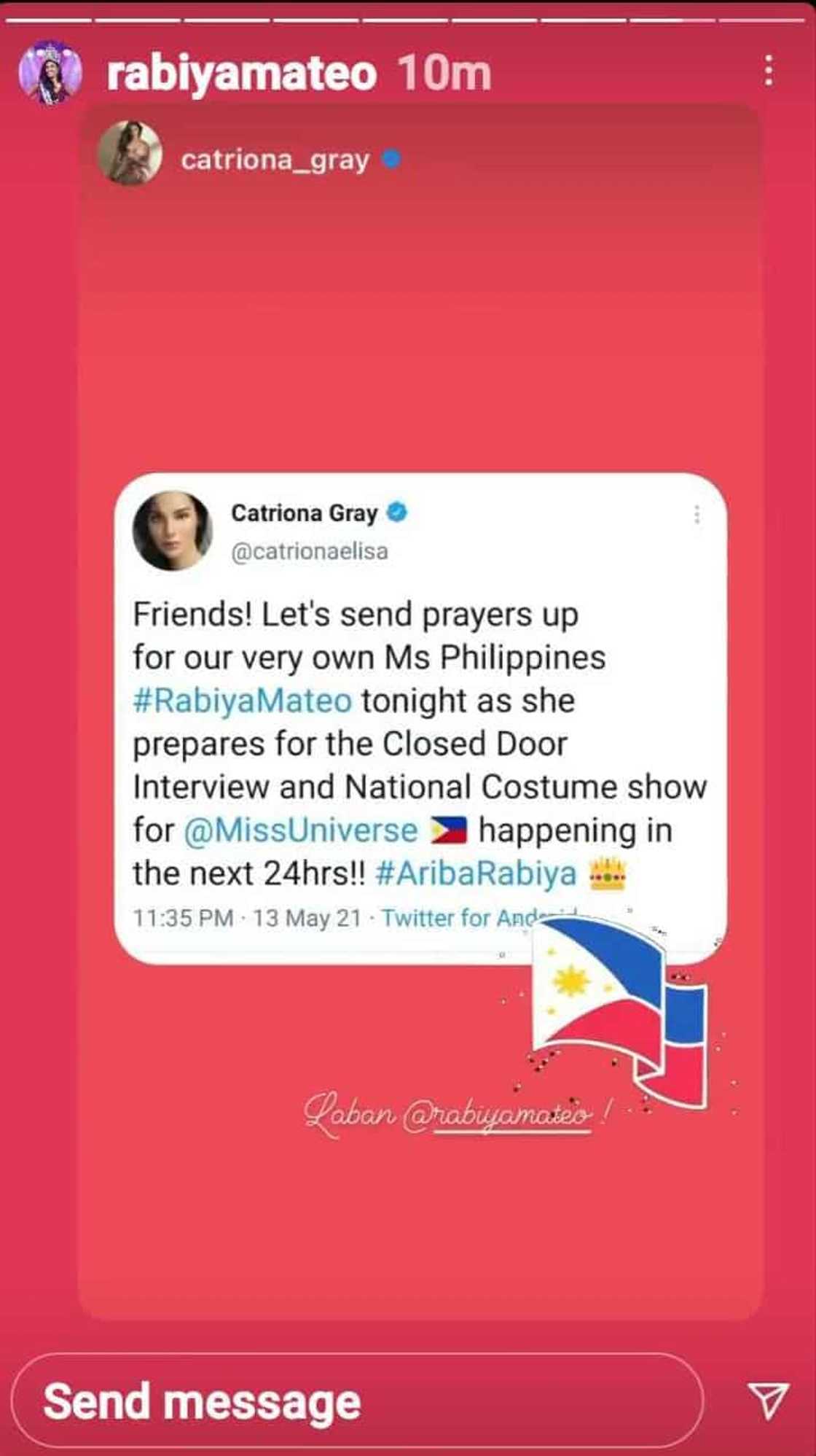 Catriona Gray asks to pray for Rabiya Mateo after accusations she's not supporting the latter Catriona Gray asks to pray for Rabiya Mateo after accusations she's not supporting the latter