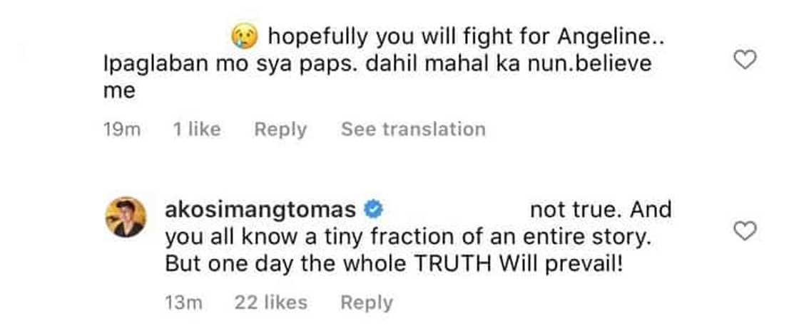 Tom Rodriguez, sinagot "not true" sa komento ng netizen na "mahal ka nun believe me"