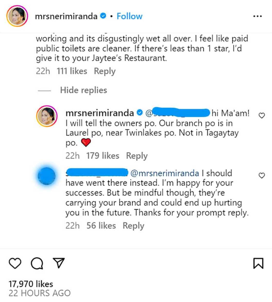 Neri Miranda, classy reply sa nagri-reklamong customer, pinuri ng netizens: “Our branch po is in Laurel po” Neri Miranda, classy reply sa nagri-reklamong customer, pinuri ng netizens: “Our branch po is in Laurel po”