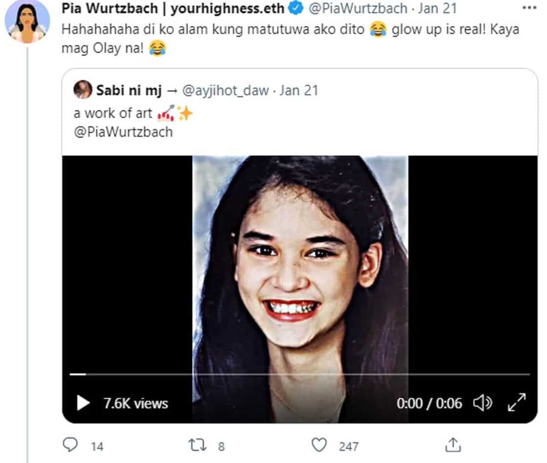 Pia Wurtzbach adorably reacts as netizen posts her throwback photo: "glow up is real" Pia Wurtzbach adorably reacts as netizen posts her throwback photo: "glow up is real"