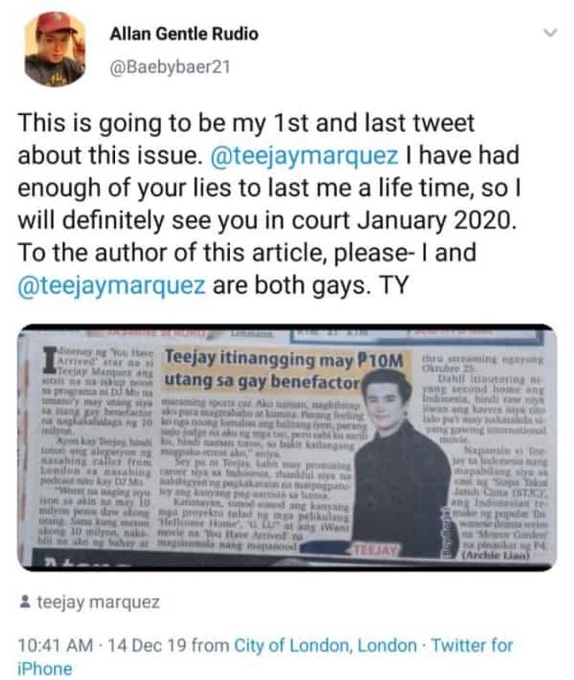 Actor Teejay Marquez gets slammed by his alleged ex-boyfriend for denying ₱10M debt Actor Teejay Marquez gets slammed by his alleged ex-boyfriend for denying ₱10M debt