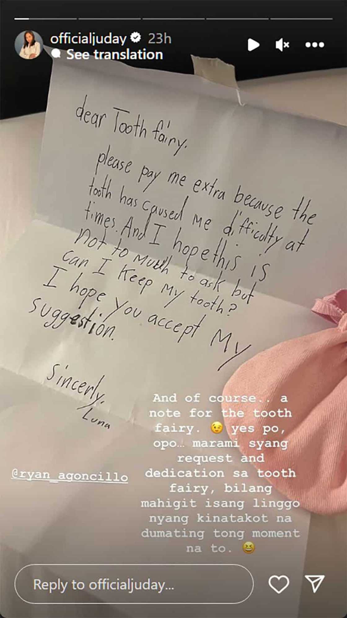 Judy Ann Santos, shinare cute na letter ni Luna sa ‘tooth fairy’: “Please pay me extra”