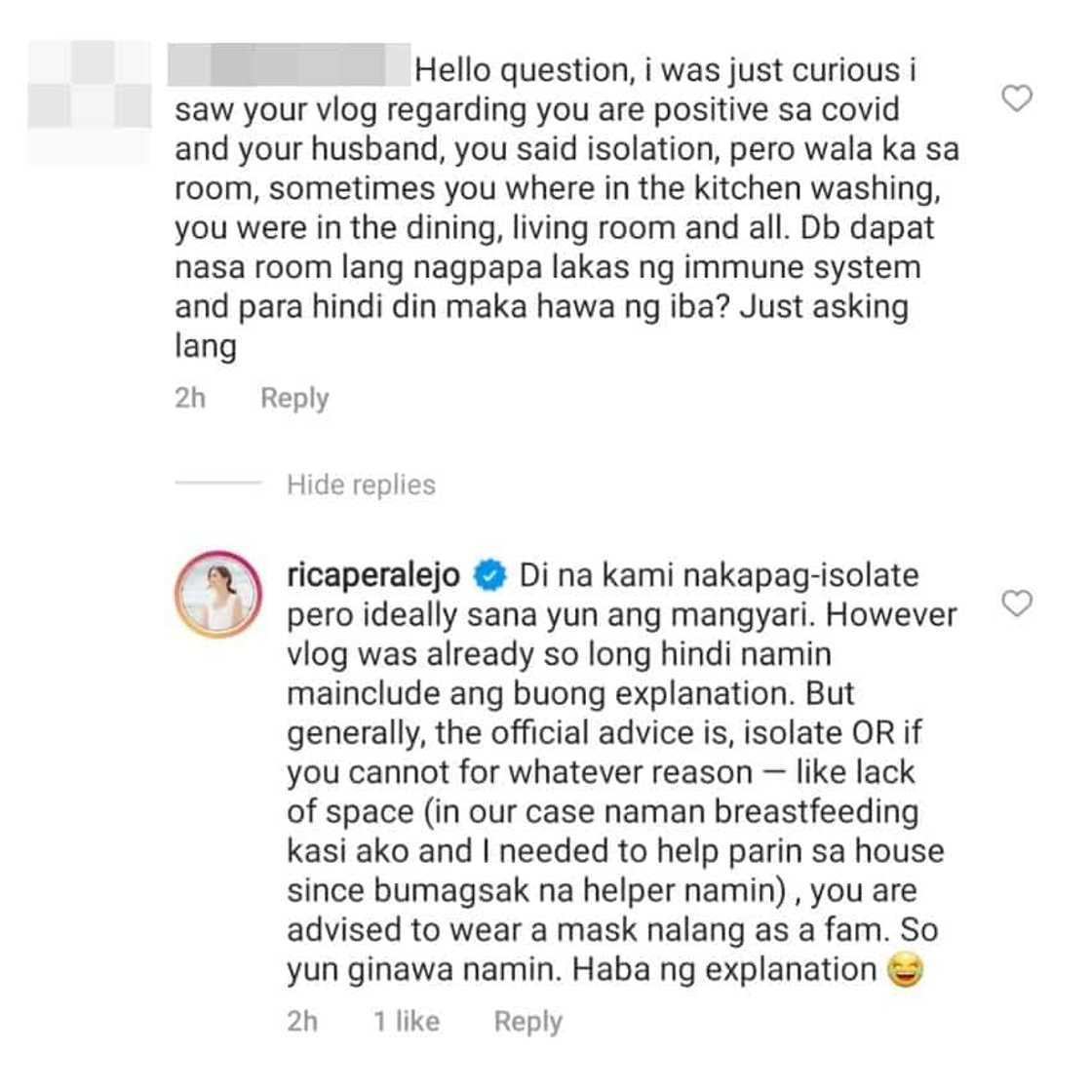 Rica Peralejo, nagpaliwanag sa netizen na kumwestiyon sa di niya pag-isolate Rica Peralejo, nagpaliwanag sa netizen na kumwestiyon sa di niya pag-isolate