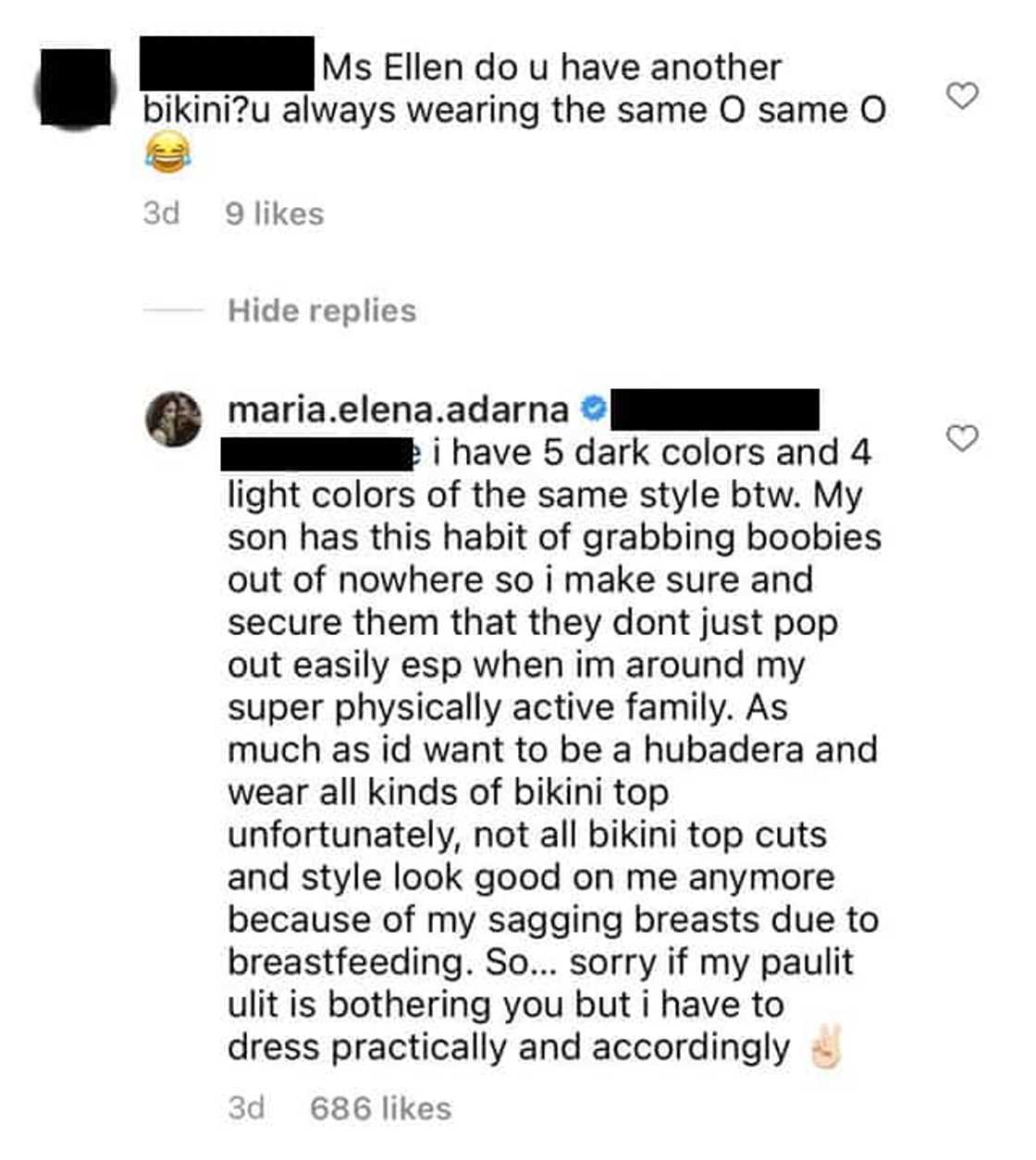 Ellen Adarna, niresbakan ang netizen na nagsabing paulit-ulit ang sinusuot niyang bikini tops Ellen Adarna, niresbakan ang netizen na nagsabing paulit-ulit ang sinusuot niyang bikini tops