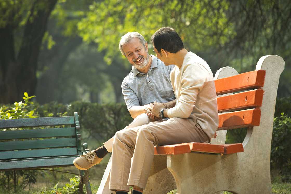 Cheerful senior man sitting on a bench and laughing with his son