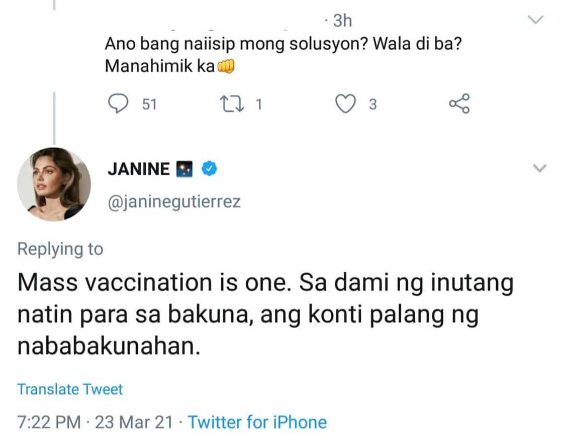 Basher tells Janine Gutierrez to shut up after actress lamented lack of compassion of government Basher tells Janine Gutierrez to shut up after actress lamented lack of compassion of government