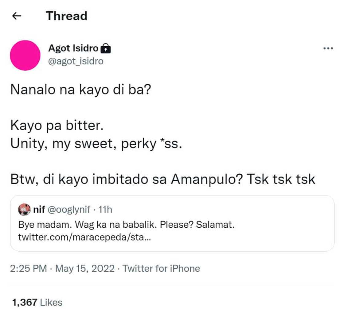 Agot Isidro, nag-react sa post ng netizen ukol kay VP Leni Robredo: “Nanalo na kayo di ba? Kayo pa bitter” Agot Isidro, nag-react sa post ng netizen ukol kay VP Leni Robredo: “Nanalo na kayo di ba? Kayo pa bitter”