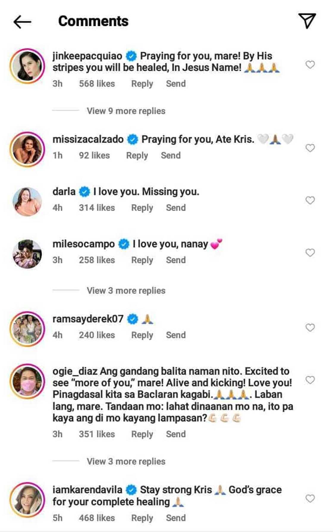 Celebrities, nag-react sa bagong post ni Kris Aquino ukol sa kanyang health: "Praying for you”