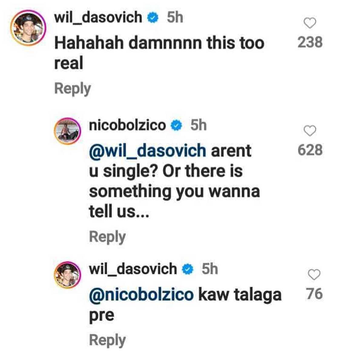 Nico Bolzico asks Wil Dasovich “aren’t you single” after the latter commented on Nico-Solenn hilarious video