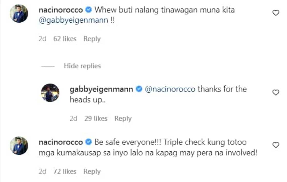 Identity ni Gabby Eigenmann, ginamit ng scammer; Rocco Nacino, muntik mabiktima