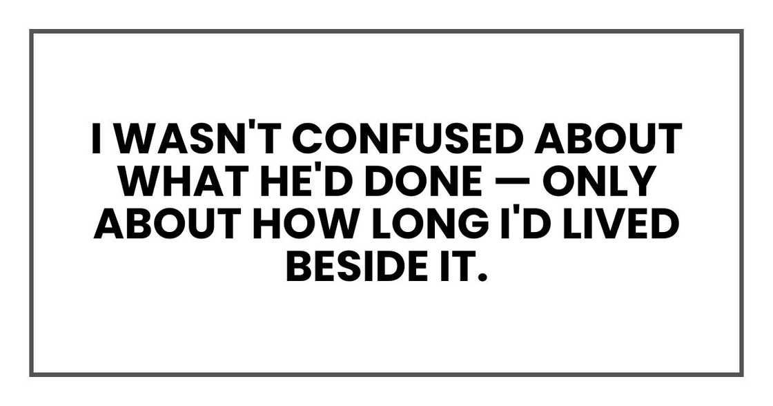 I wasn't confused about what he'd done — only about how long I'd lived beside it. I wasn't confused about what he'd done — only about how long I'd lived beside it.