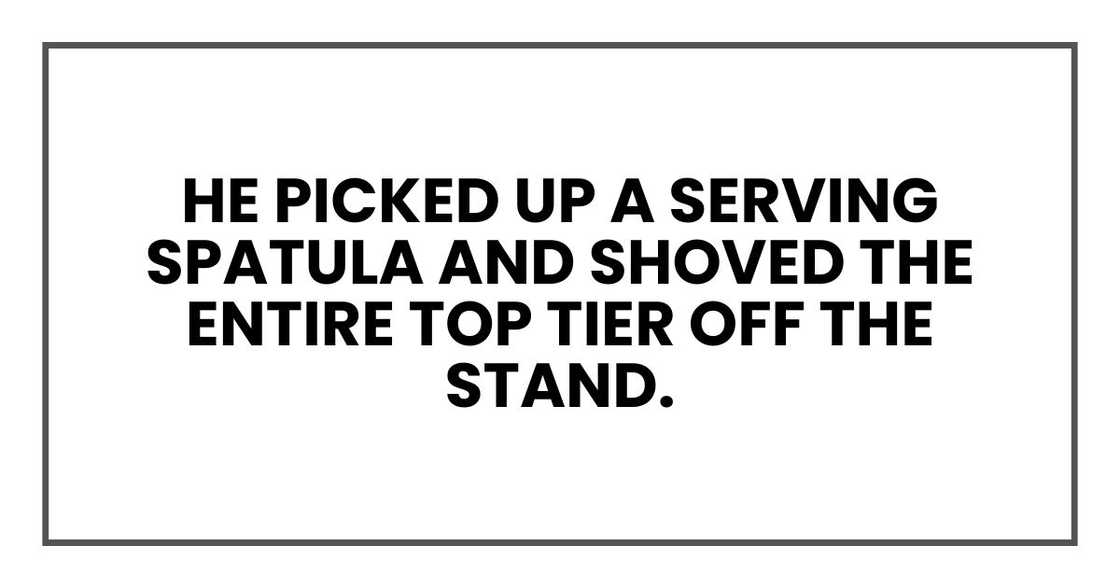 he picked up a serving spatula and shoved the entire top tier off the stand. he picked up a serving spatula and shoved the entire top tier off the stand.