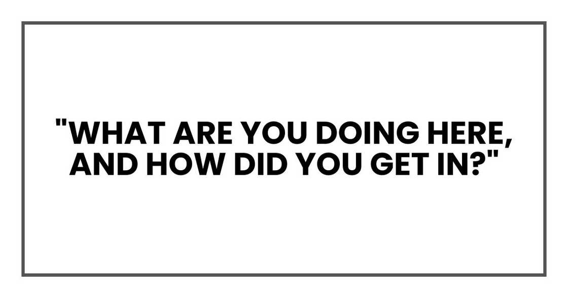 "What are you doing here, and how did you get in?" "What are you doing here, and how did you get in?"