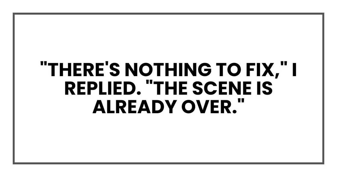 "There's nothing to fix," I replied. "The scene is already over." "There's nothing to fix," I replied. "The scene is already over."