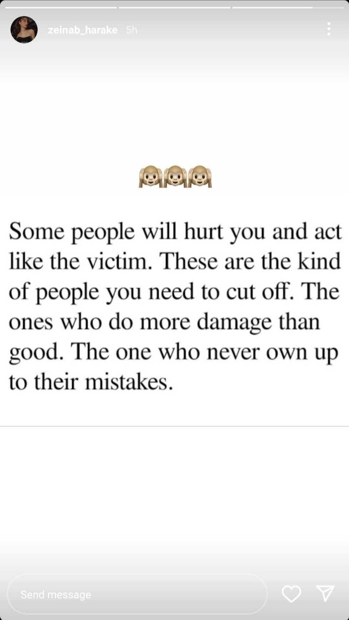 Zeinab Harake shares cryptic post about the "kind of people you need to cut off" Zeinab Harake shares cryptic post about the "kind of people you need to cut off"