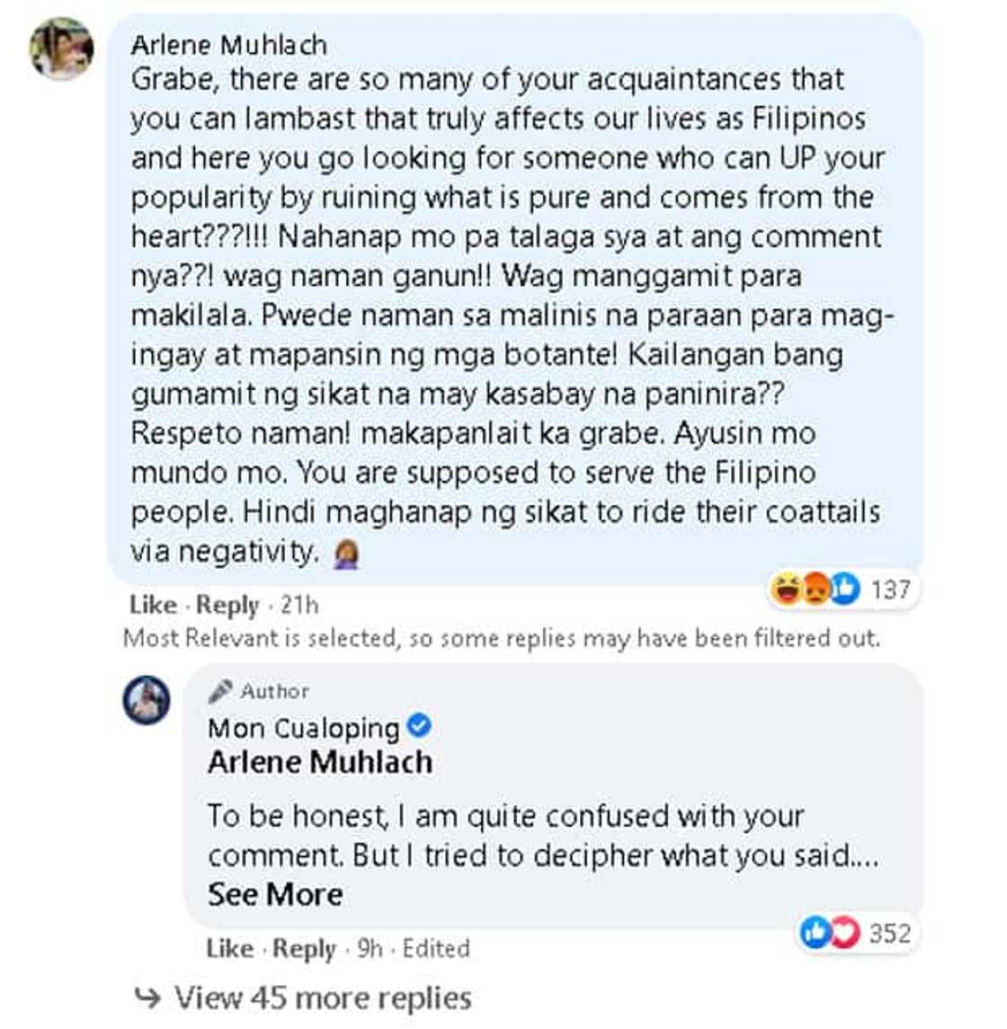 Arlene Muhlach, dinepensahan si Angel Locsin kay Mon Cualoping: "Makapanlait ka grabe"