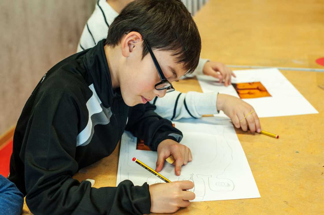 Boy draws on paper.