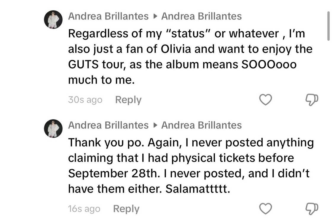 Andrea Brillantes, nilinaw na wala siyang physical tickets sa Olivia Rodrigo concert