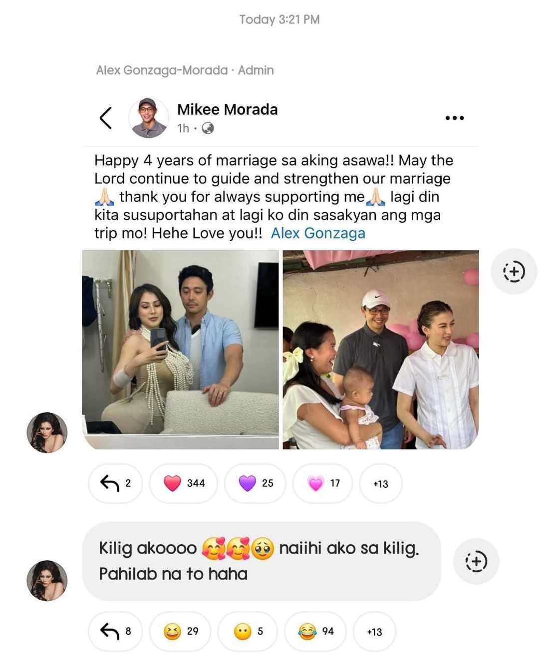 Alex Gonzaga, labis na kinilig sa post ni Mikee Morada tungkol sa marriage nila