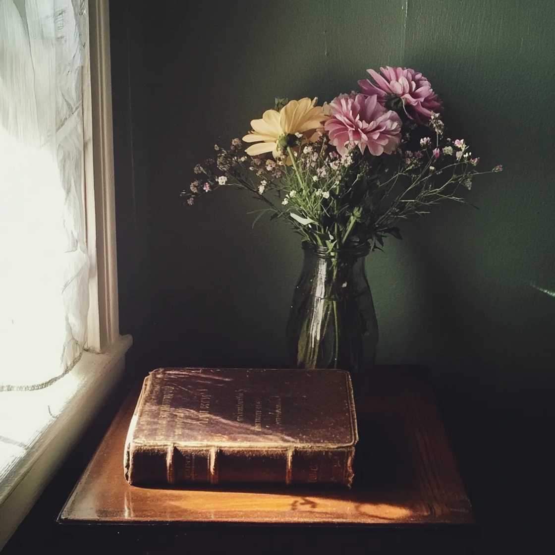 An old Bible and a vase of flowers An old Bible and a vase of flowers