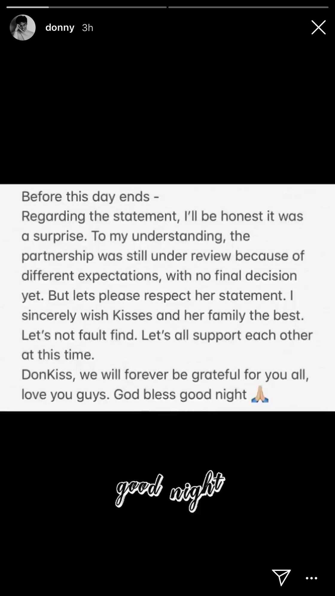 Donny Pangilinan reacts to Kisses Delavin's announcement about 'DonKiss' split Donny Pangilinan reacts to Kisses Delavin's announcement about 'DonKiss' split