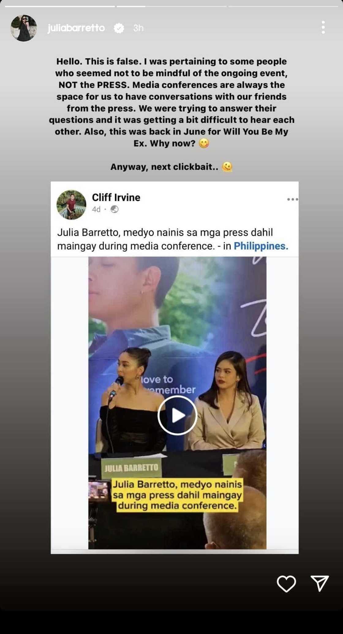 Julia Barretto, klinaro ang ginawa niyang pagsita sa viral video sa presscon Julia Barretto, klinaro ang ginawa niyang pagsita sa viral video sa presscon