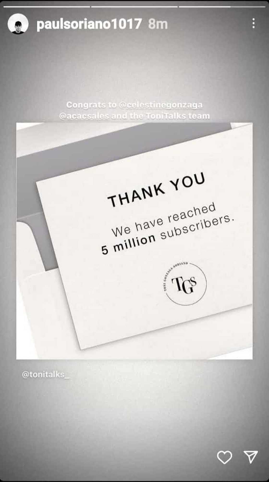 Paul Soriano congratulates Toni Gonzaga, team after her YT channel reaches 5M subscribers Paul Soriano congratulates Toni Gonzaga, team after her YT channel reaches 5M subscribers