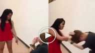 Furious girl violently kicks and punches her miserable boyfriend. He begs her to stop.