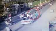 Motorcycle driver carelessly overtakes a car but gets his karma