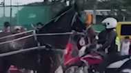 Racing horse and enforcer accidentally bump into each other, tumble, during Fiestang Kuliat