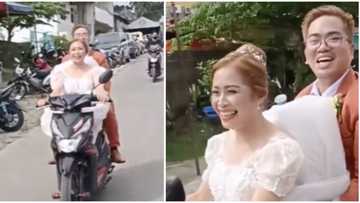 Bagong kasal na piniling mag-motor kaysa rumenta pa ng bridal car, kinagiliwan ng marami