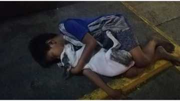 Larawan ng bata at alagang aso nito na magkayakap sa kalye, viral