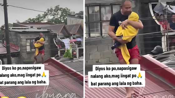 Video ng lalake na karga isang baby sa atip ng bahay para makaligtas sa baha, umantig sa mga puso